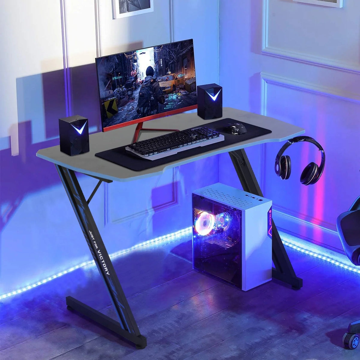 39 Inch Z-Shaped Gaming Desk with Headphone Hook - Ergonomic PC Workstation for Gamers in Blue
