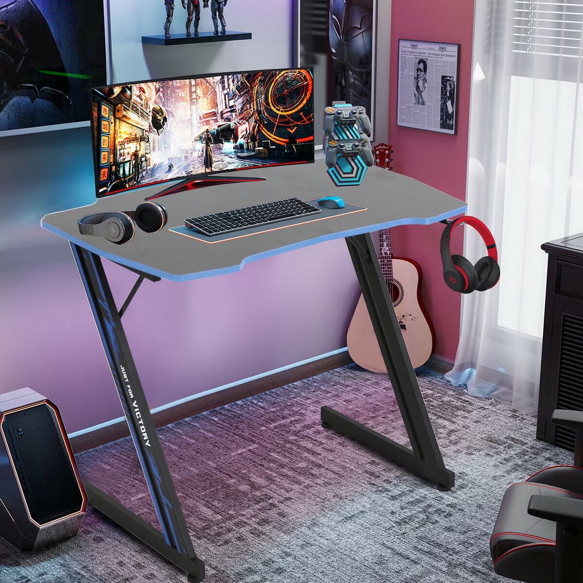 39 Inch Z-Shaped Gaming Desk with Headphone Hook - Ergonomic PC Workstation for Gamers in Blue